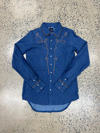 Cowgirl Tuff Pullover Arena Shirt - Denim With Brown Suede