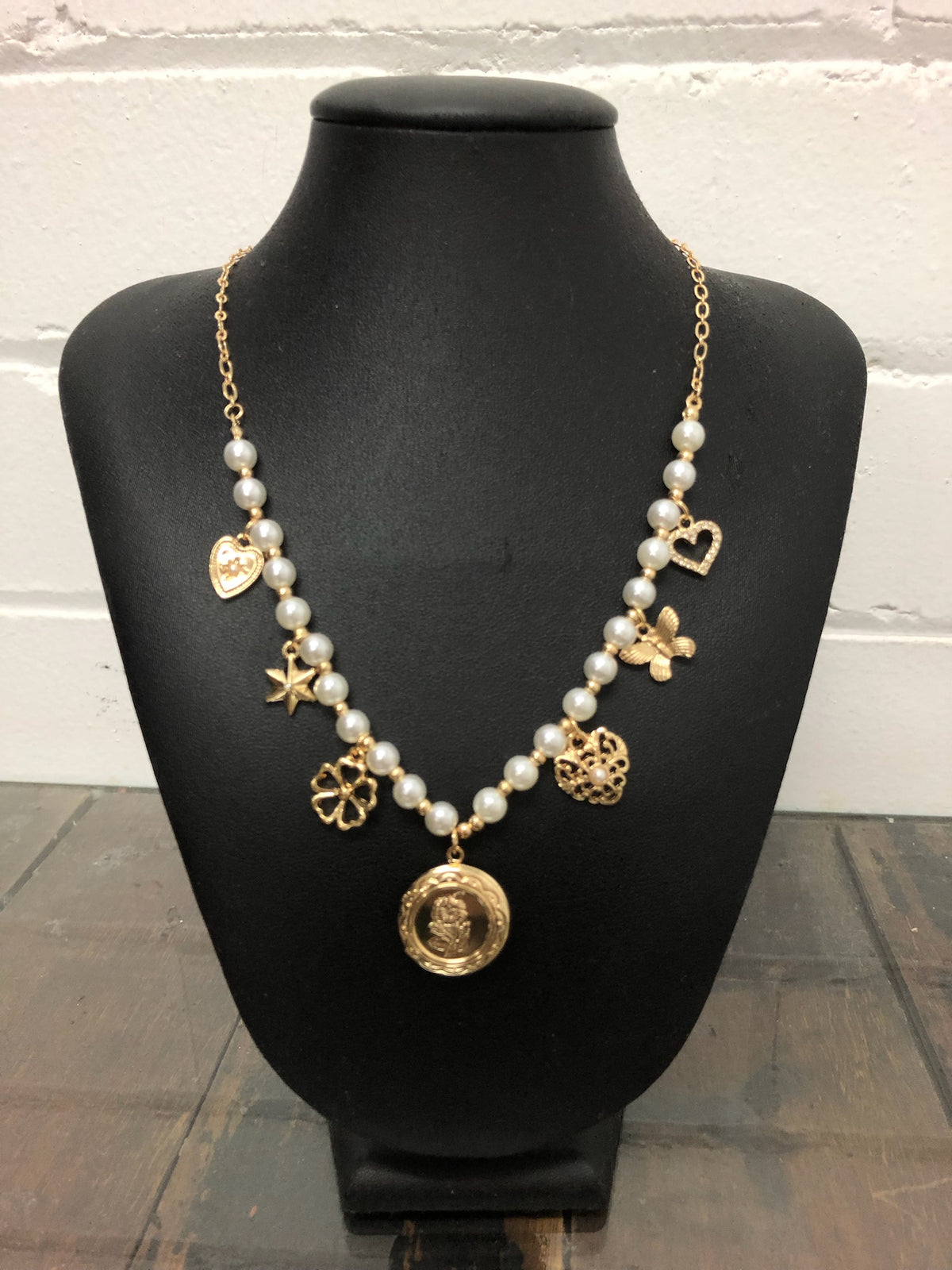 Necklace - Layered Floral Locket Multi Charm Pearl