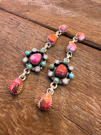 Flower Power Earrings - Pink Dahlia & Turquoise Stones