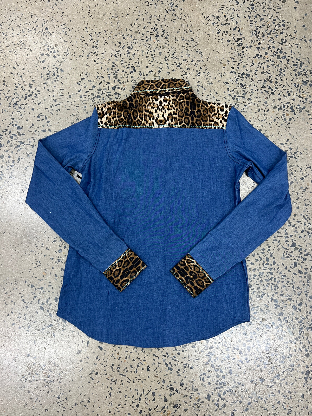 Cowgirl Tuff Pullover Arena Shirt - Denim With Leopard & Turquoise