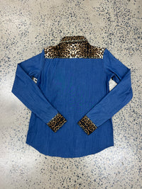 Cowgirl Tuff Pullover Arena Shirt - Denim With Leopard & Turquoise