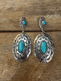 Western Earrings - Silver Oval Turquoise Drop