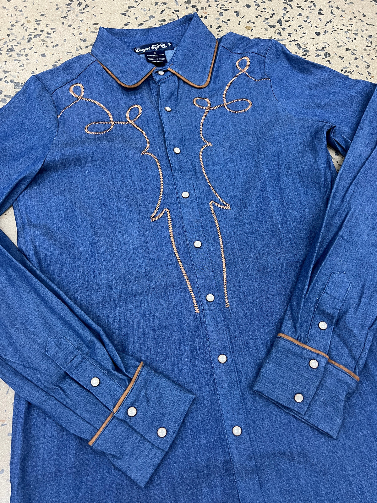 Cowgirl Tuff Pullover Arena Shirt - Denim With Brown Suede