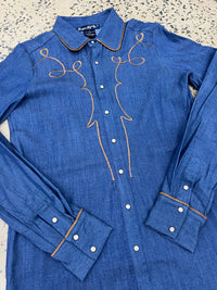 Cowgirl Tuff Pullover Arena Shirt - Denim With Brown Suede