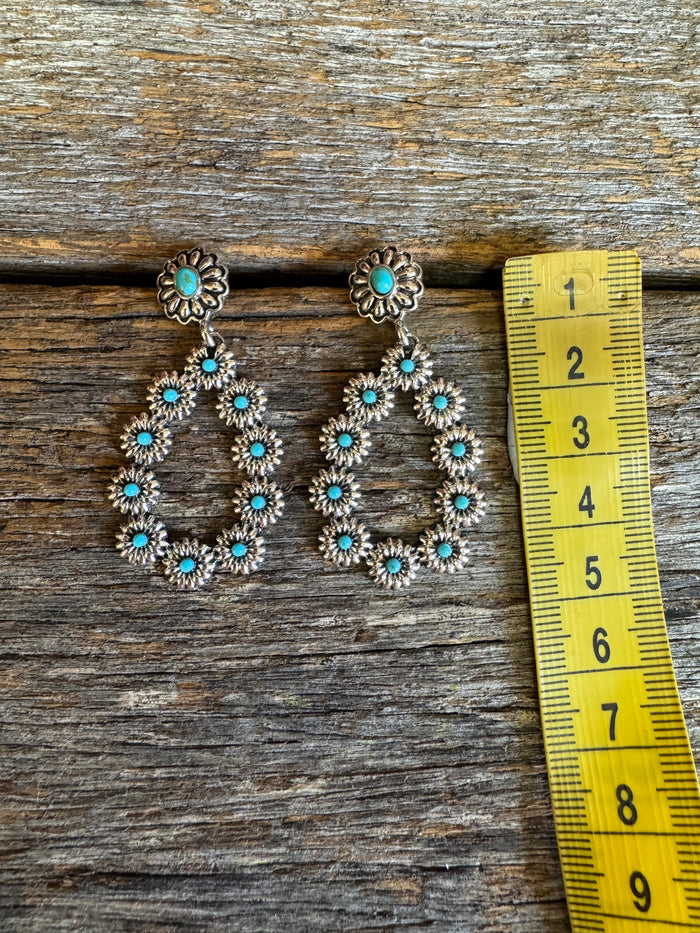 Western Earrings - Silver Turquoise Floral Drop