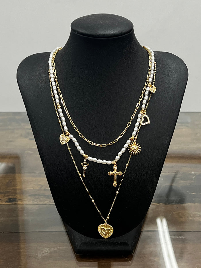 Necklace - Layered Multi Charm Pearl