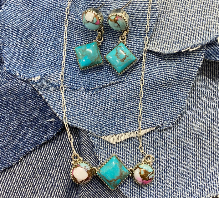 Braveheart Necklace & Earring Set - Pink Dahlia & Turquoise Stones