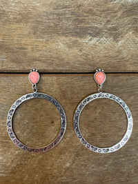 Western Earrings - Pink Stone With Silver Hoops