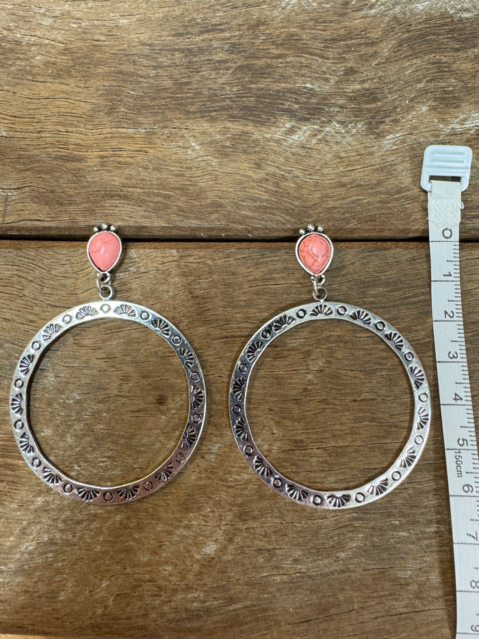Western Earrings - Pink Stone With Silver Hoops