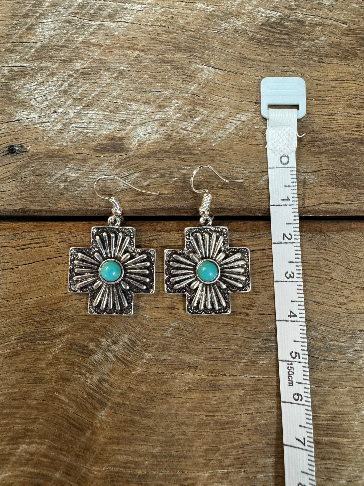 Western Earrings - Silver Turquoise Cross