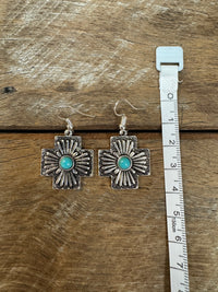 Western Earrings - Silver Turquoise Cross