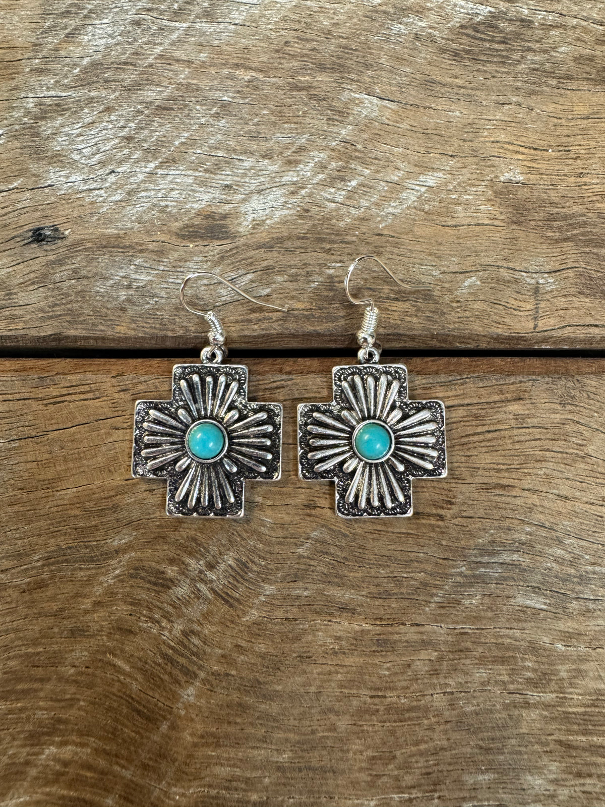 Western Earrings - Silver Turquoise Cross