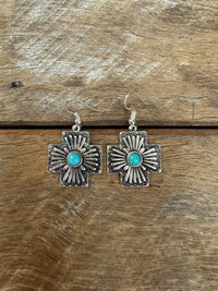 Western Earrings - Silver Turquoise Cross