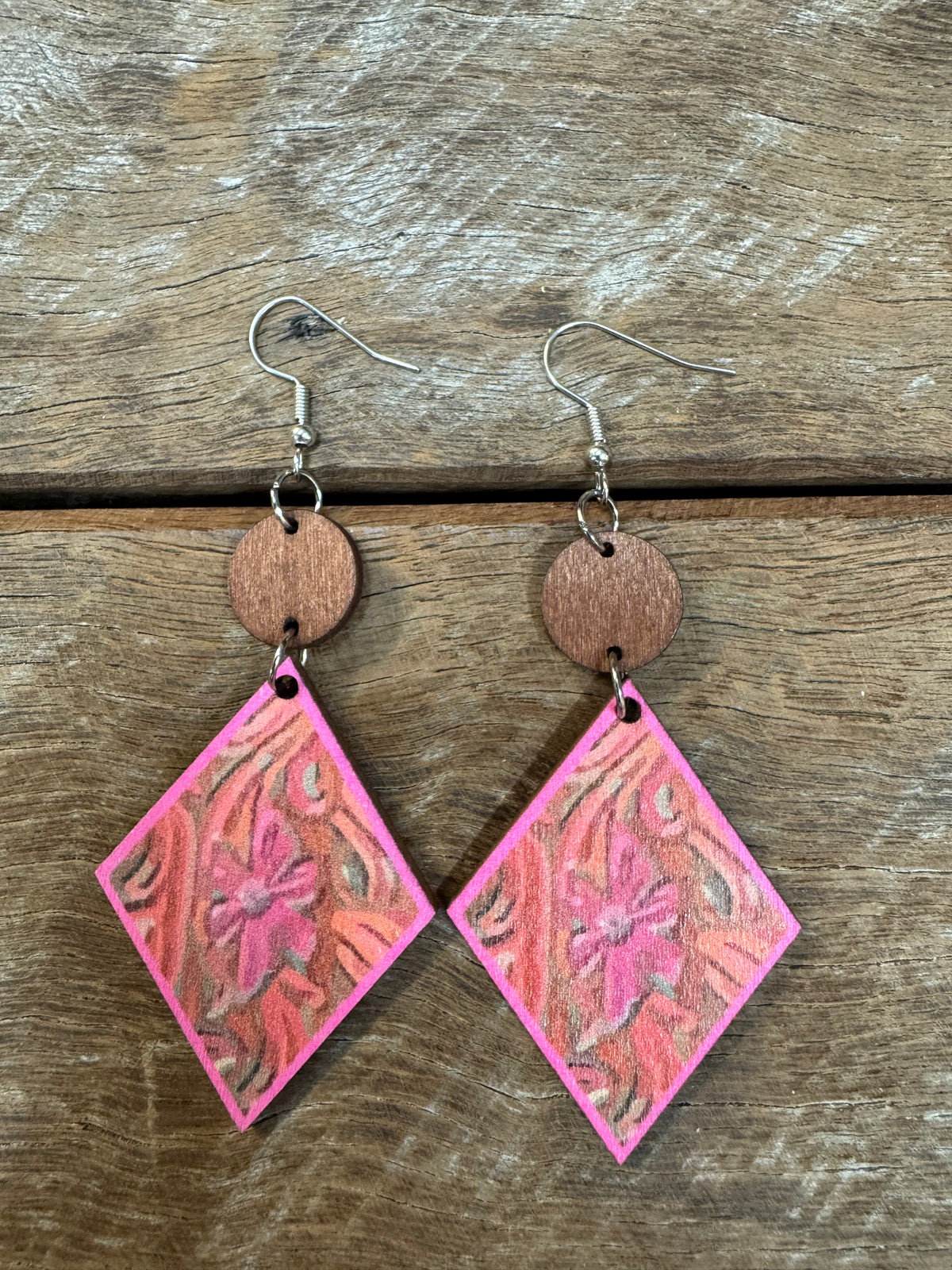 Western Earrings - Pink Diamond Wood