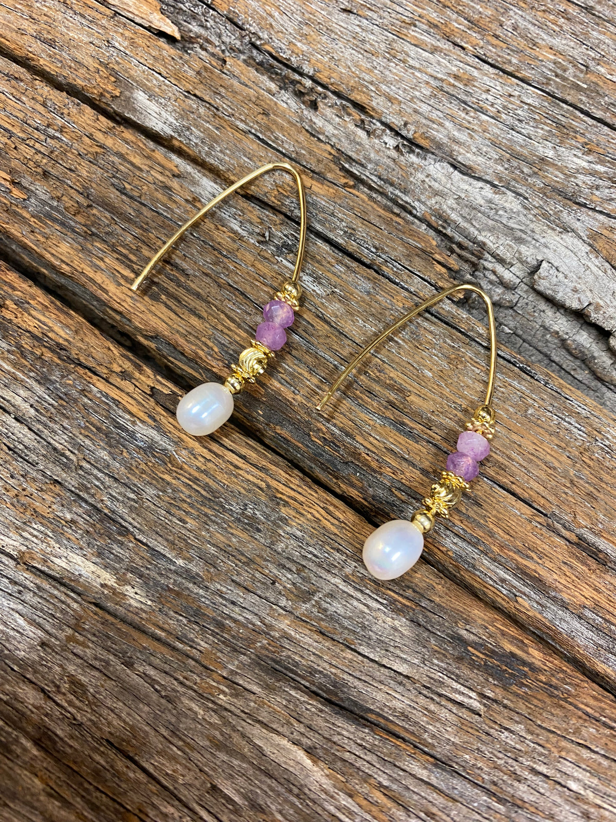 Earrings - Gold Purple Beaded Pearl