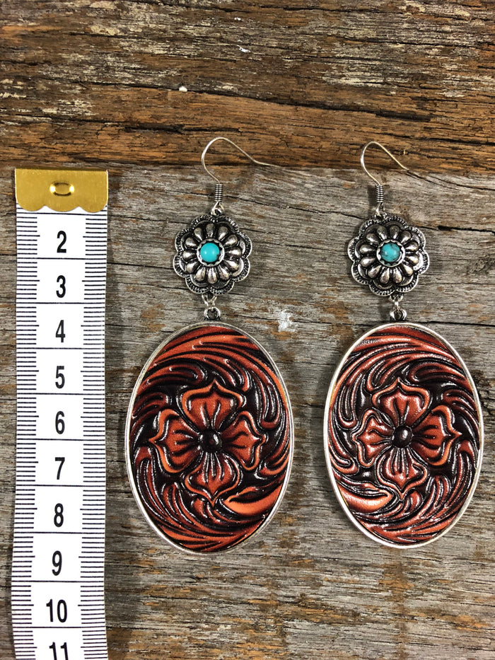 Western Earrings - Floral Leather & Turquoise