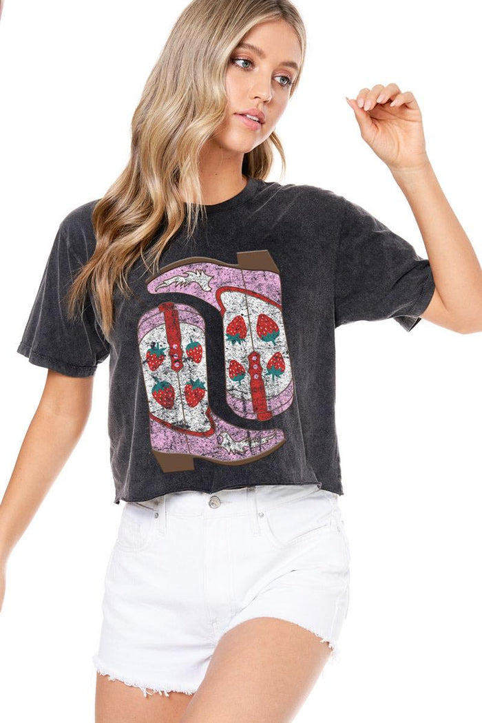 Strawberry Cowboy Boot Crop Tee - Black
