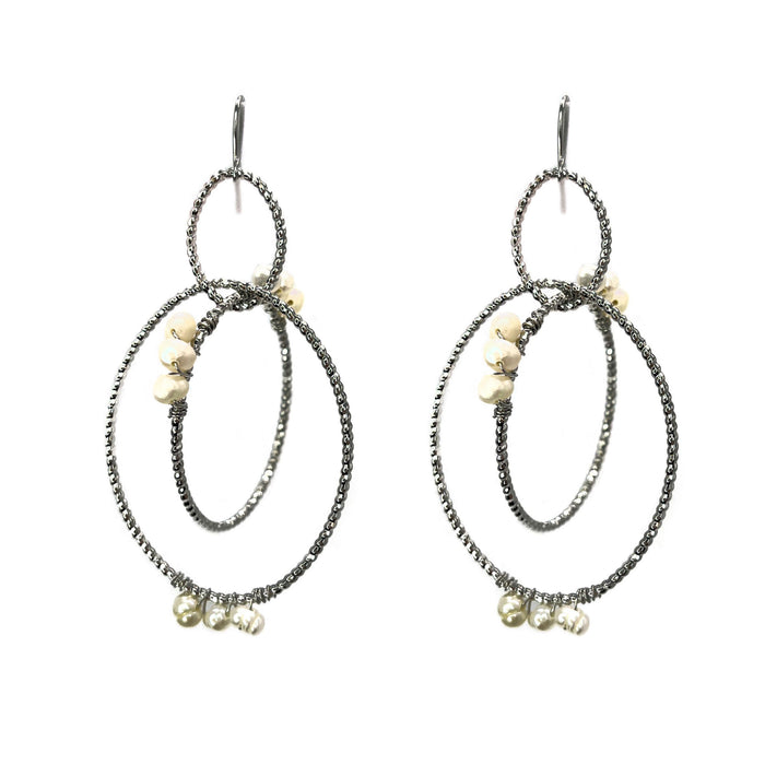 Earrings - Multi Circle Silver and Pearl Dangle Hoop