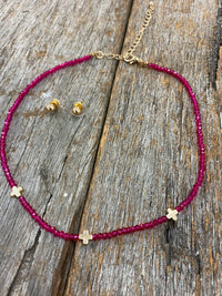 Beaded Cross Choker and Earring Hot Pink Set - VNE0965GDPK