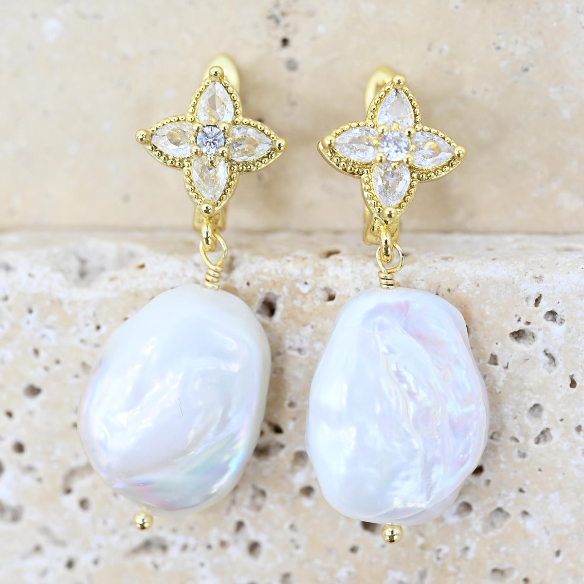 Earrings - Gold & Flower Drop Pearl