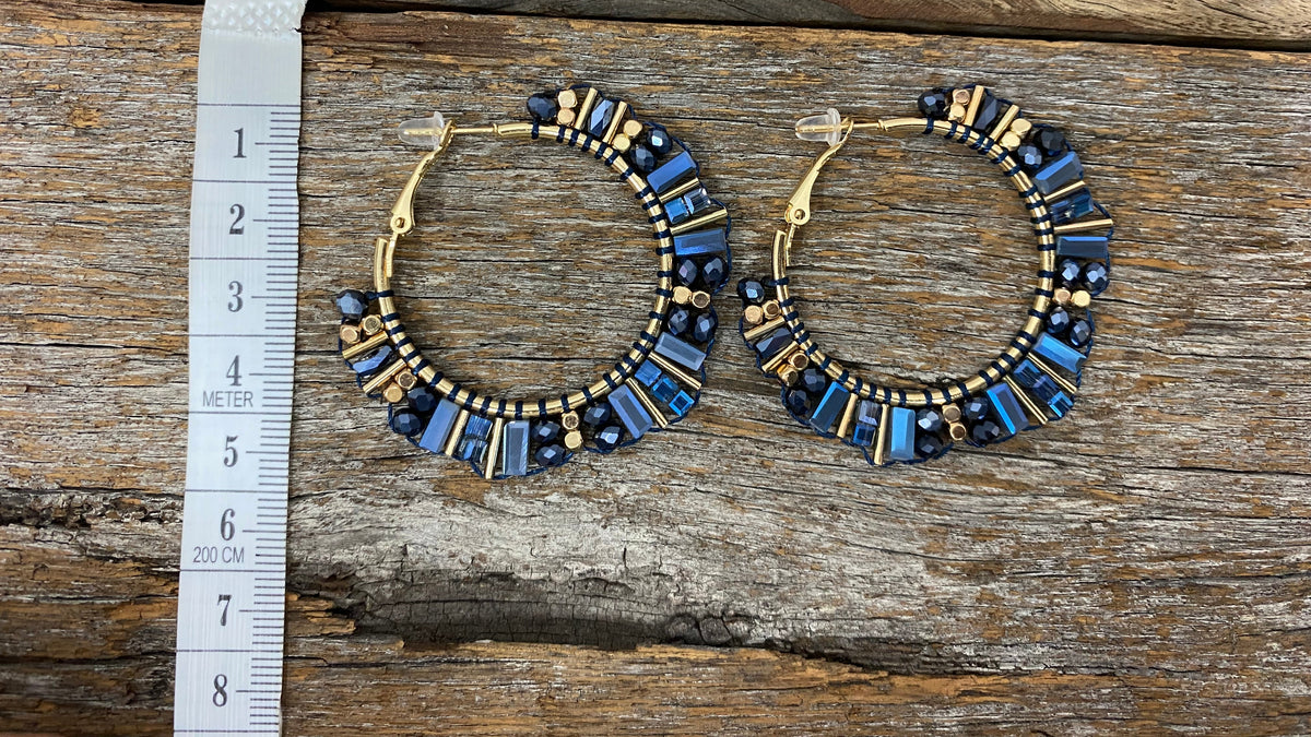 Earrings - Blue Beaded Crystal Hoop Earrings