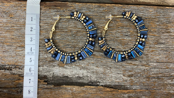 Earrings - Blue Beaded Crystal Hoop Earrings