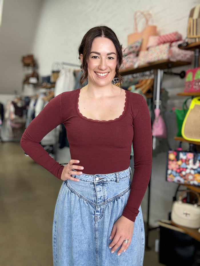 Washed Rib Scoop Neck Long Sleeve Tee - Burgundy