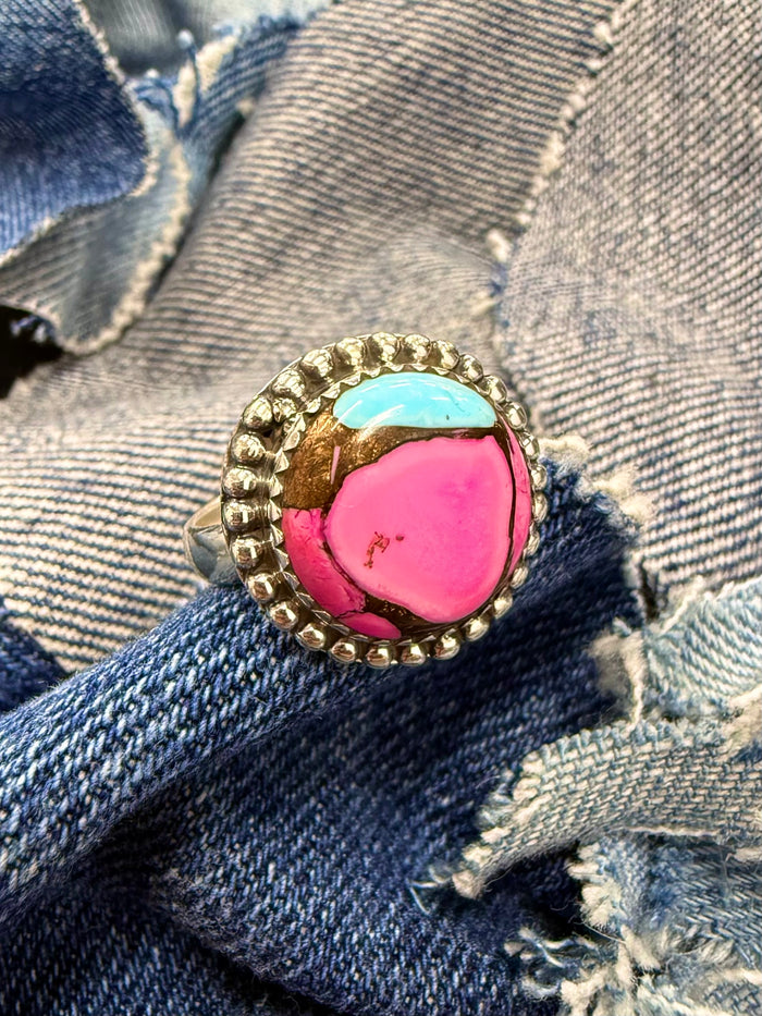 Taffy Adjustable Ring - Silver Pink Turquoise