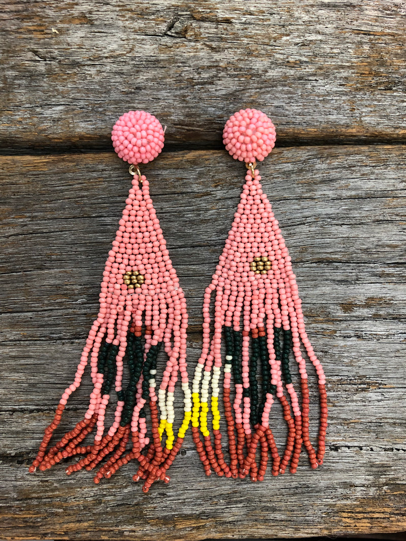 Western Earrings - Viola Seed Bead Triangle Cactus Tassel Drop