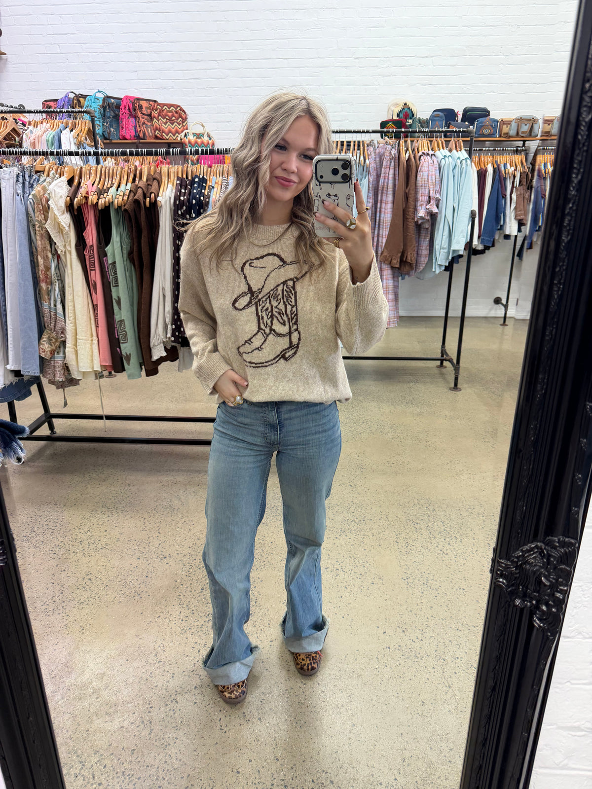 Western Boot & Hat Knit - Beige