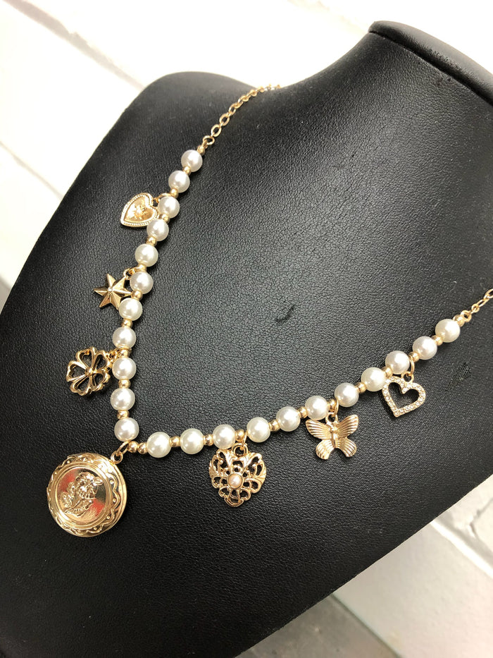 Necklace - Layered Floral Locket Multi Charm Pearl