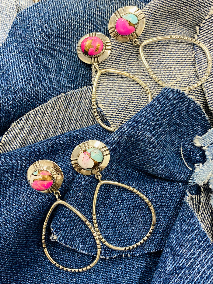 Top Tier Earrings - Pink Dahlia & Turquoise Stones
