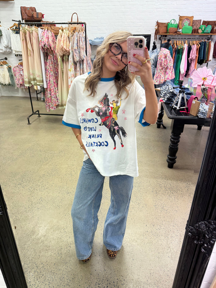Cowgirls & Cocktails Oversized Tee - White & Blue