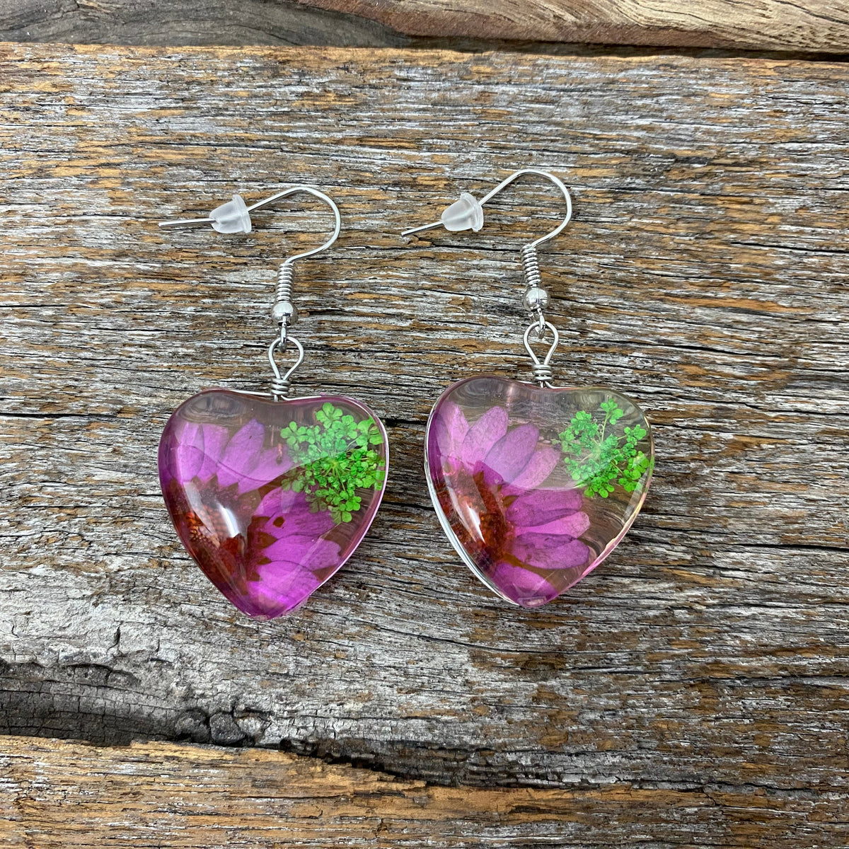 Earrings - Green & Purple Flower Heart Drop Earrings
