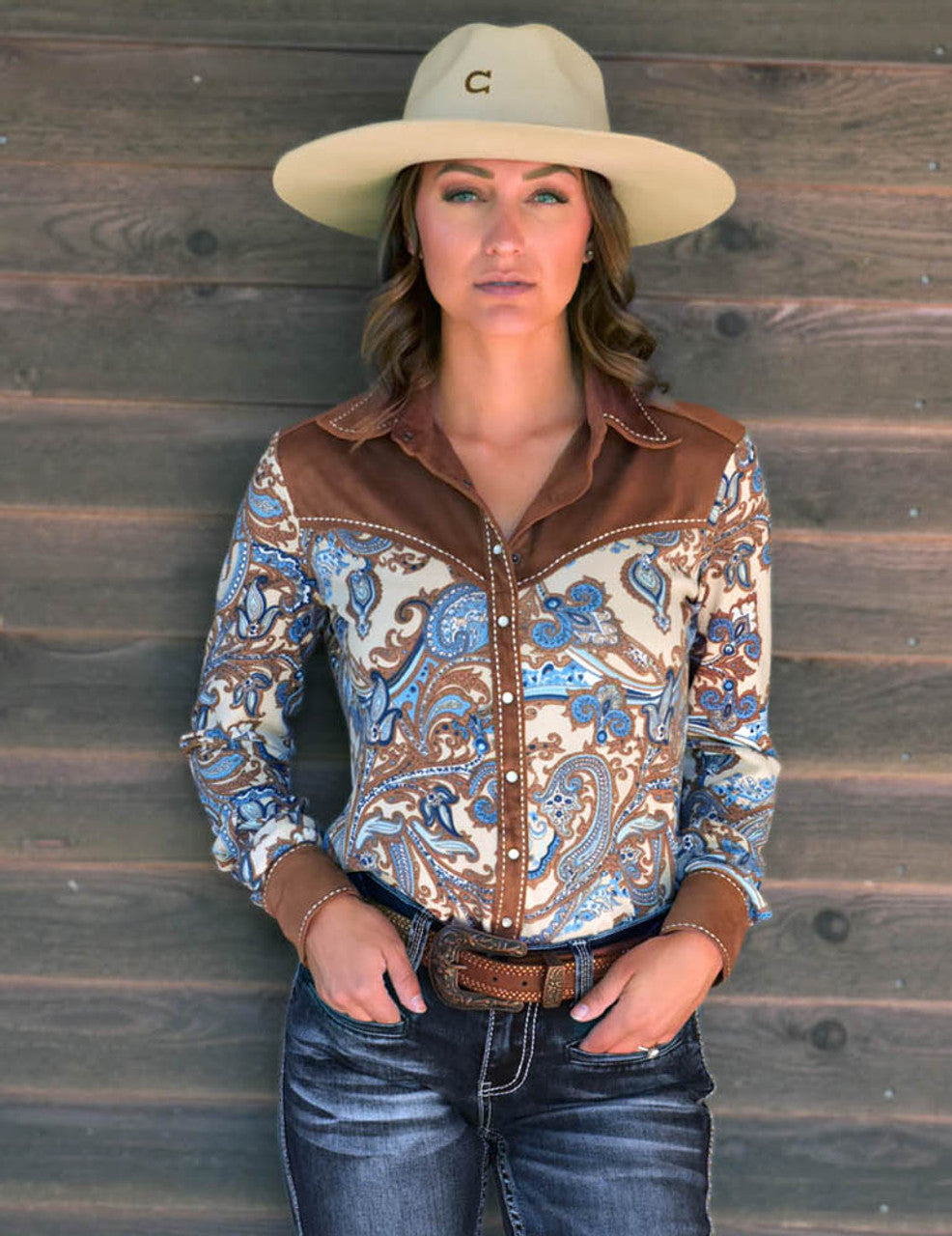 Cowgirl Tuff Pullover Arena Shirt - Paisley Print With Brown Faux Leather Accents