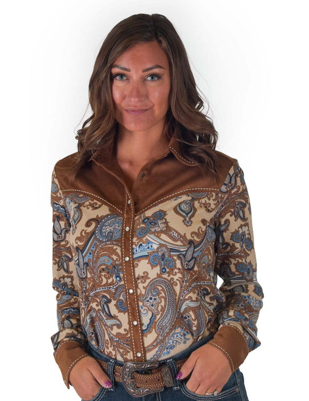 Cowgirl Tuff Pullover Arena Shirt - Paisley Print With Brown Faux Leather Accents