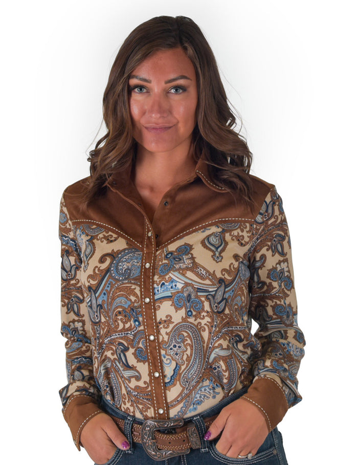 Cowgirl Tuff Pullover Arena Shirt - Paisley Print With Brown Faux Leather Accents