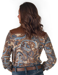 Cowgirl Tuff Pullover Arena Shirt - Paisley Print With Brown Faux Leather Accents
