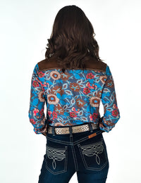 Cowgirl Tuff Pullover Arena Shirt - Floral With Brown Suede