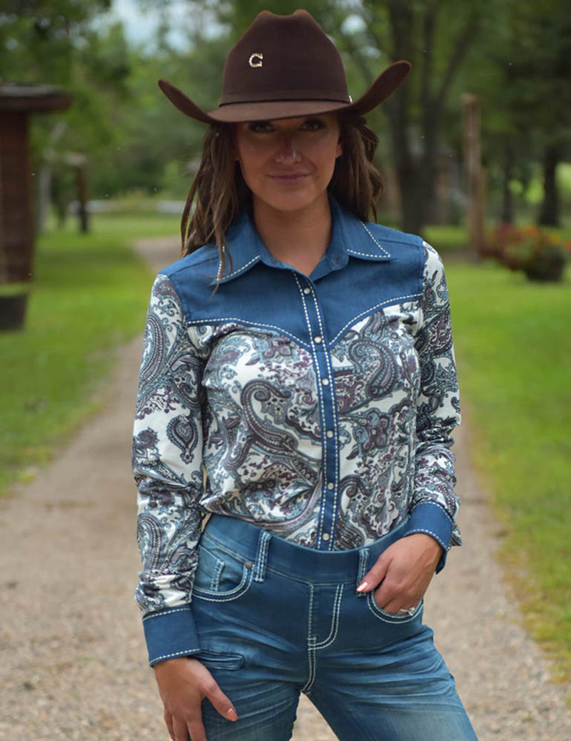 Cowgirl Tuff Pullover Arena Shirt - Blue Paisley With Denim Stretch Jersey