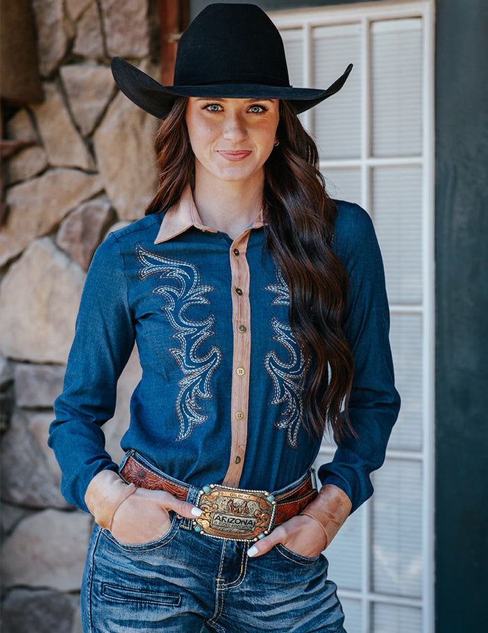 Cowgirl Tuff Pullover Arena Shirt - Denim With Western Swirl Embroidery