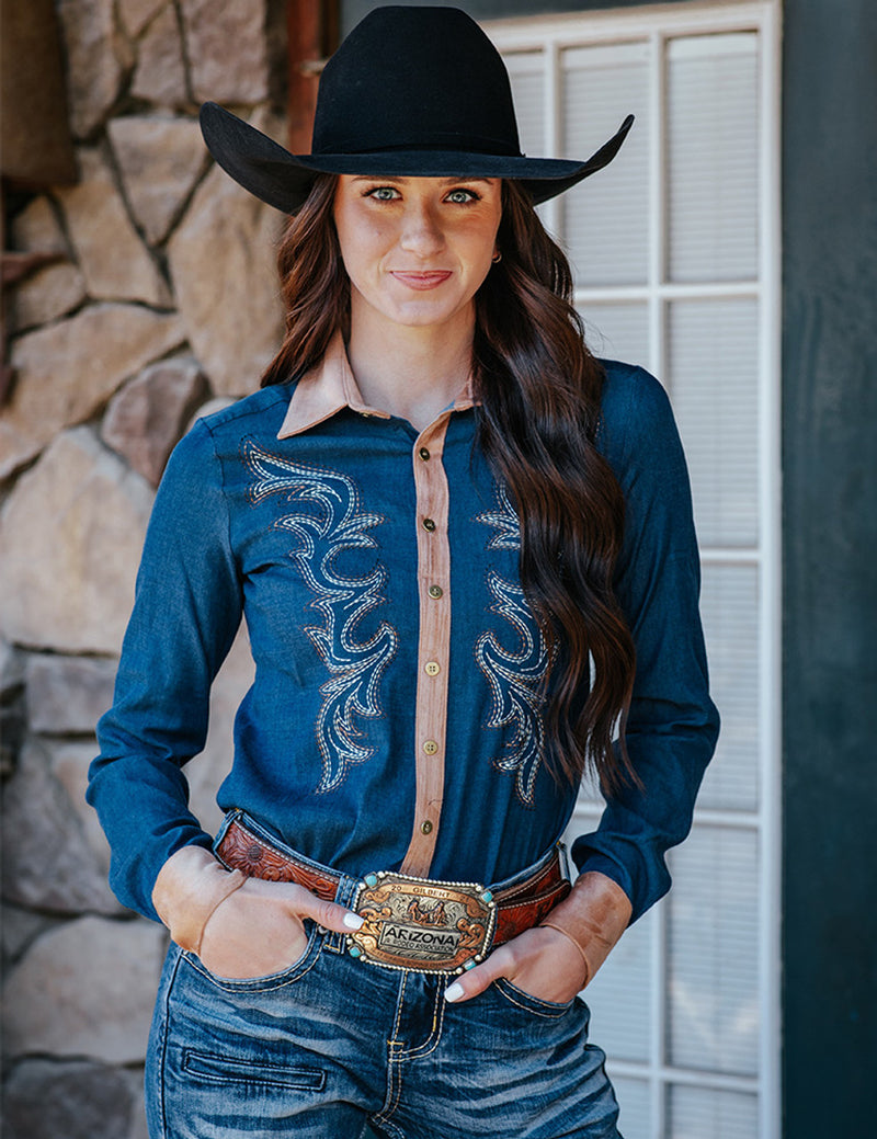 Cowgirl Tuff Pullover Arena Shirt - Denim With Western Swirl Embroidery
