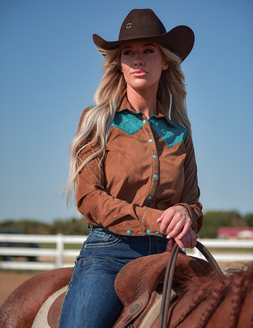 Cowgirl Tuff Pullover Arena Shirt - Brown With Turquoise Accents