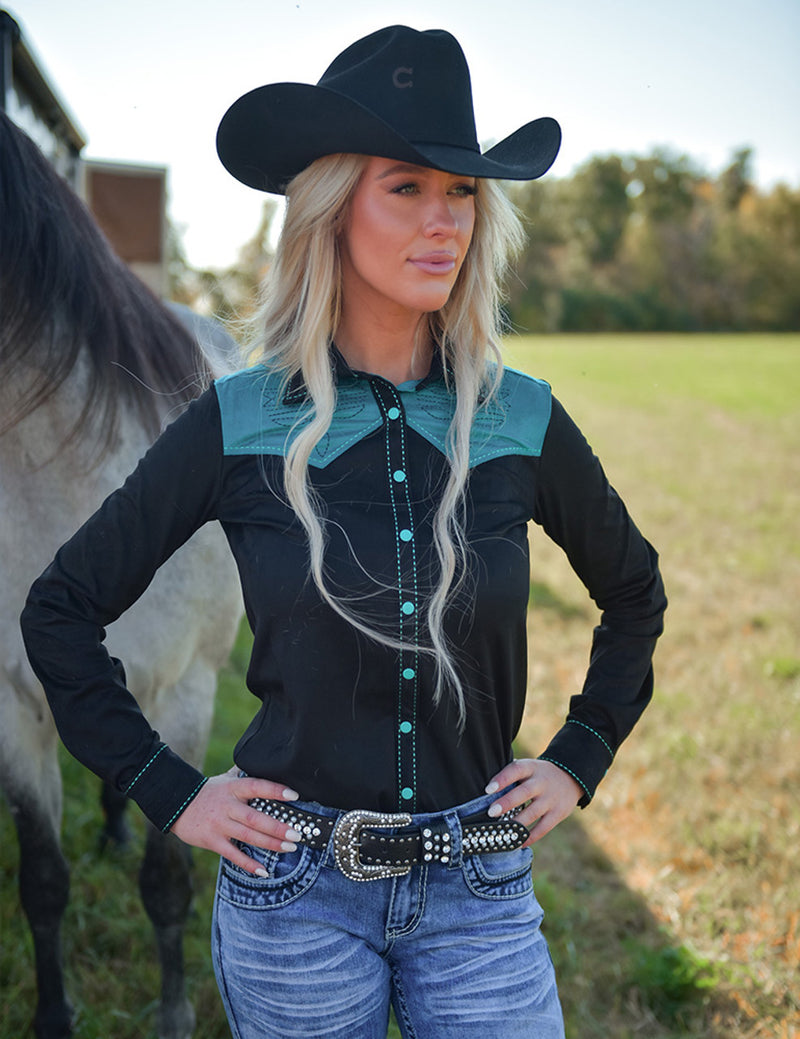 Cowgirl Tuff Pullover Arena Shirt - Black With Turquoise Accents Mid-Weight