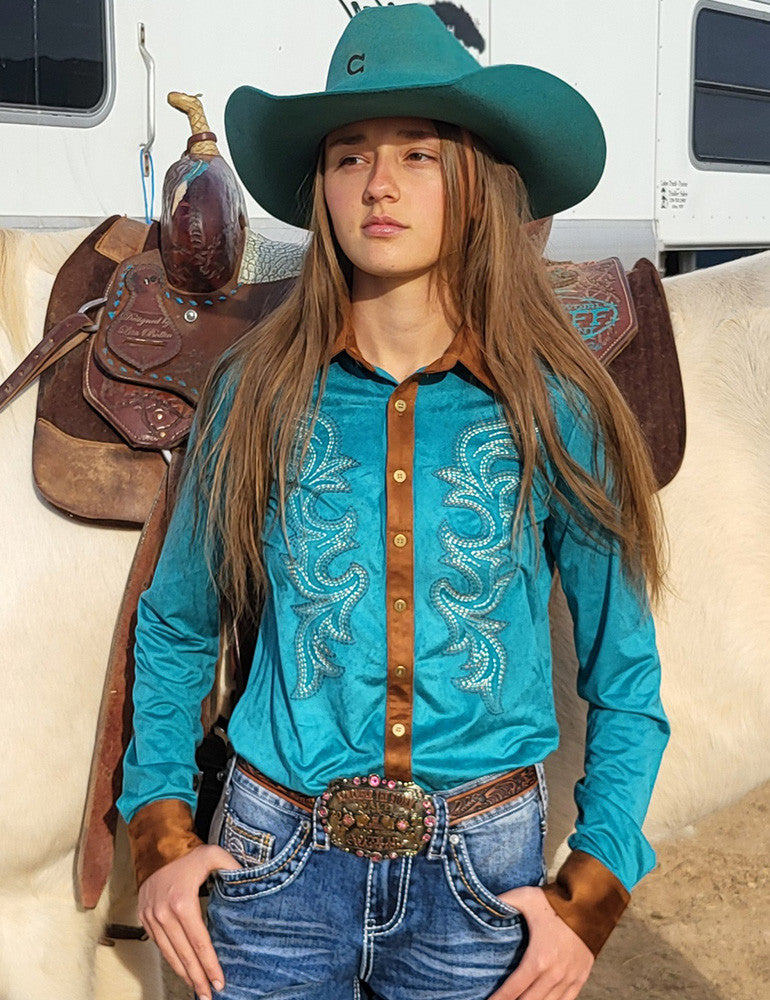 Cowgirl Tuff Pullover Arena Shirt - Turquoise With Western Swirl Embroidery