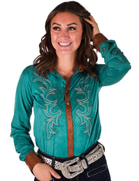 Cowgirl Tuff Pullover Arena Shirt - Turquoise With Western Swirl Embroidery