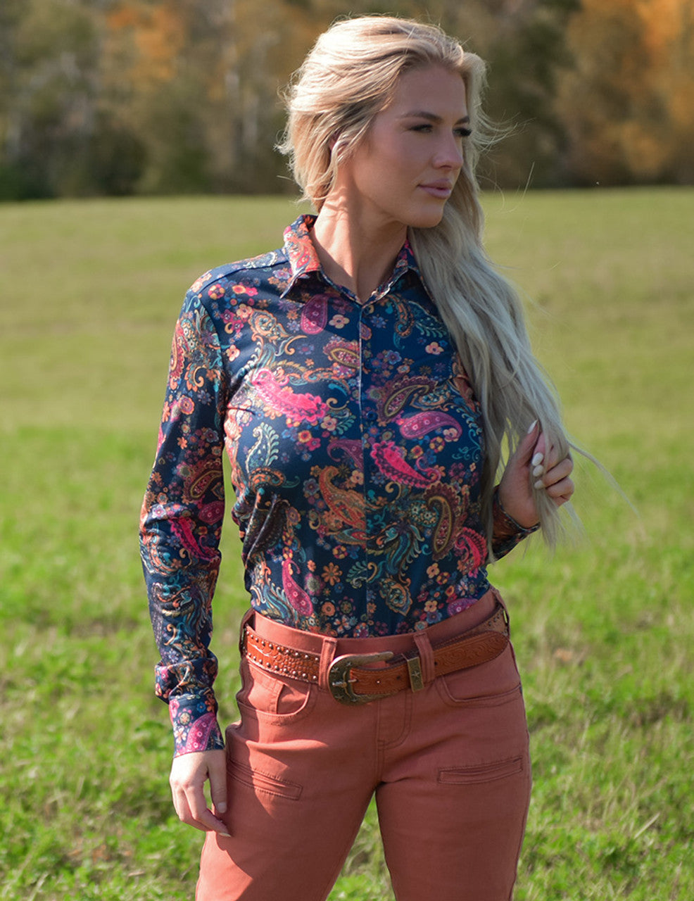 Cowgirl Tuff Pullover Arena Shirt - Blue With Colorful Paisley