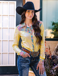 Cowgirl Tuff Pullover Arena Shirt - Yellow Foil Metallic With Colorful Paisley