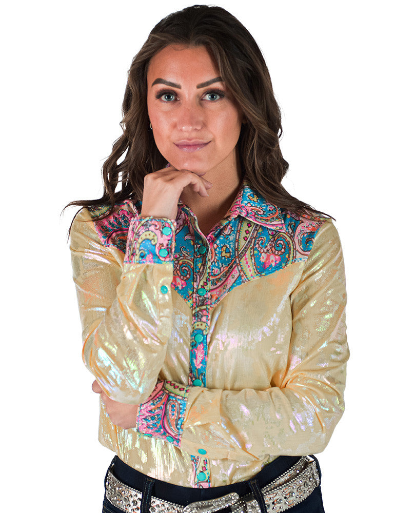 Cowgirl Tuff Pullover Arena Shirt - Yellow Foil Metallic With Colorful Paisley
