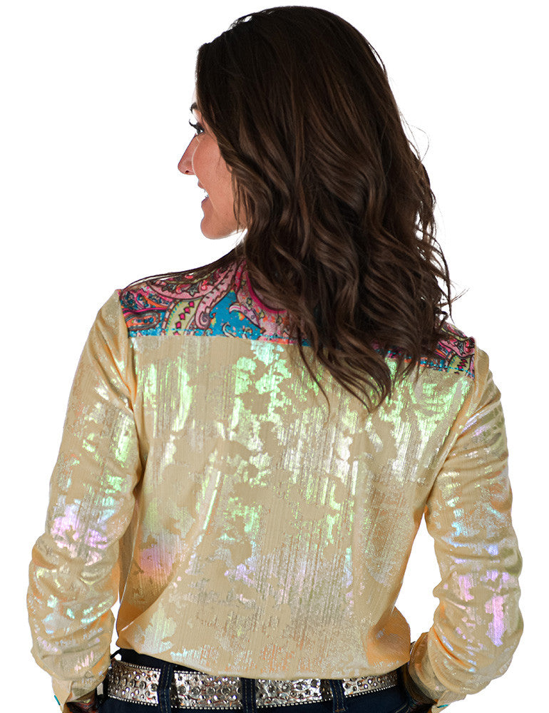 Cowgirl Tuff Pullover Arena Shirt - Yellow Foil Metallic With Colorful Paisley